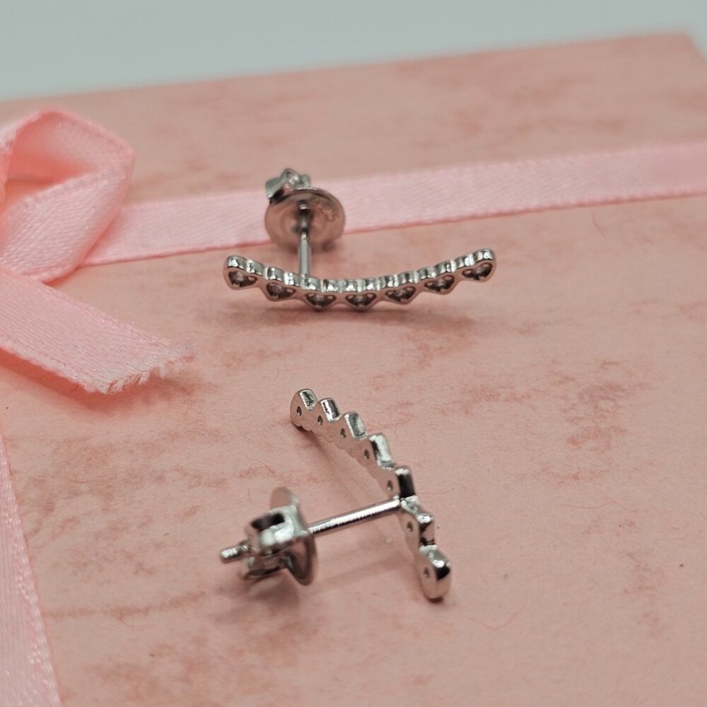 Sterling Silver 925 Rhodium Plated CZ Hearts Drop Stud Earrings - Picture 4 of 7